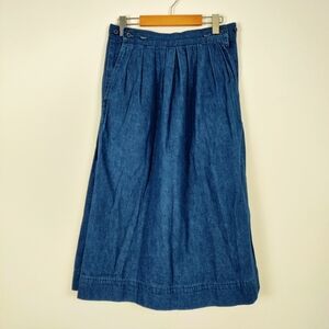 Vintage Calvin Klein Women's Pleated Maxi Denim Skirt in Blue Size 8 Cotton
